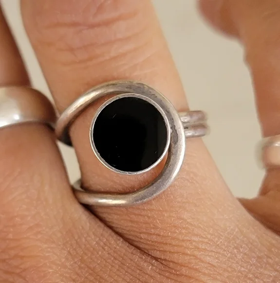 Vintage Southwestern modernist 925 sterling silver MEXICO onyx inlay ring TAXCO - Picture 9 of 17